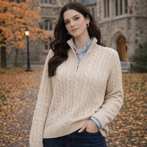 Croft & Barrow Cream Cable Knit 1/4 Zip Sweater M Preppy Academia